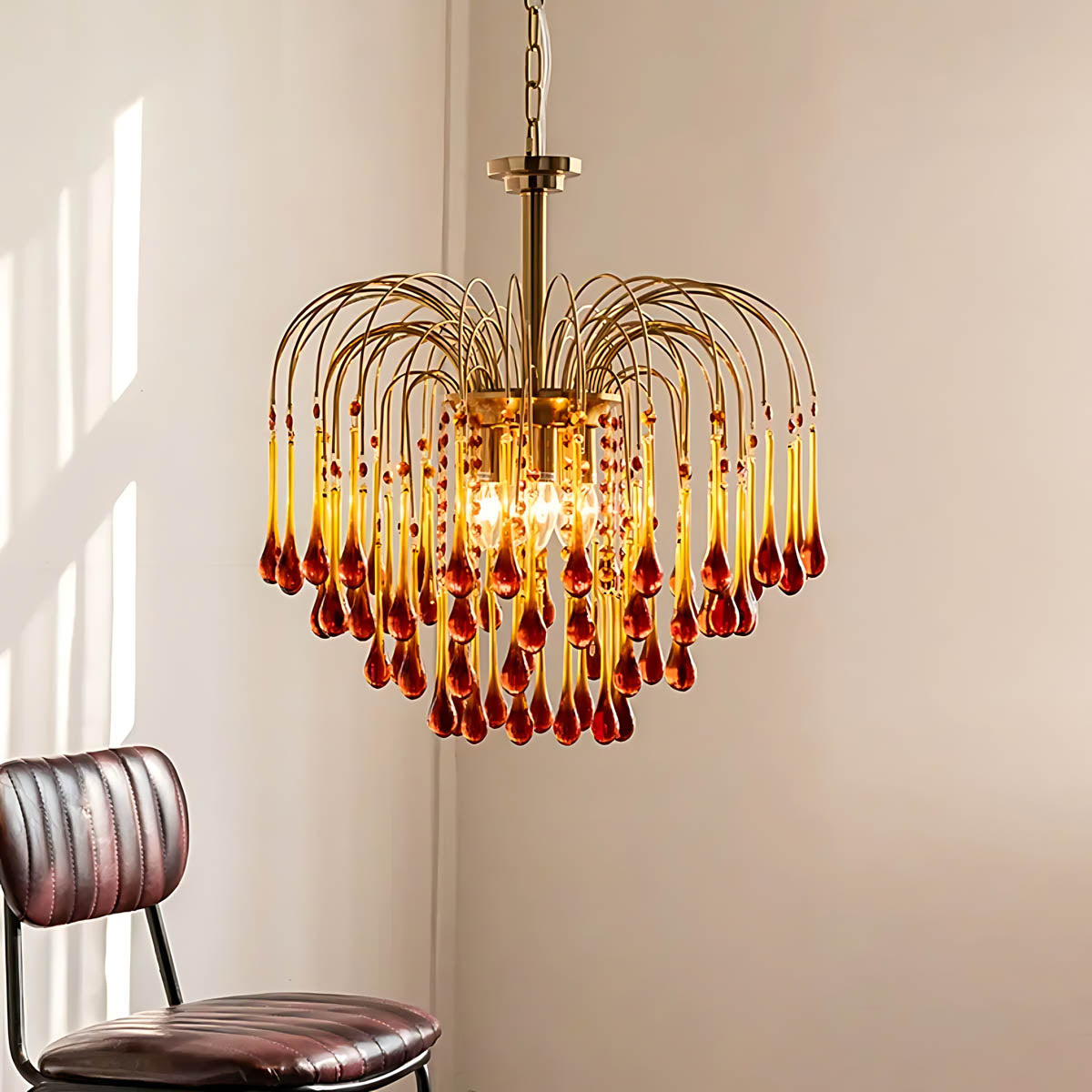 Crystal & Metal Semi-Flush Ruby Chandelier with Teardrop Prisms