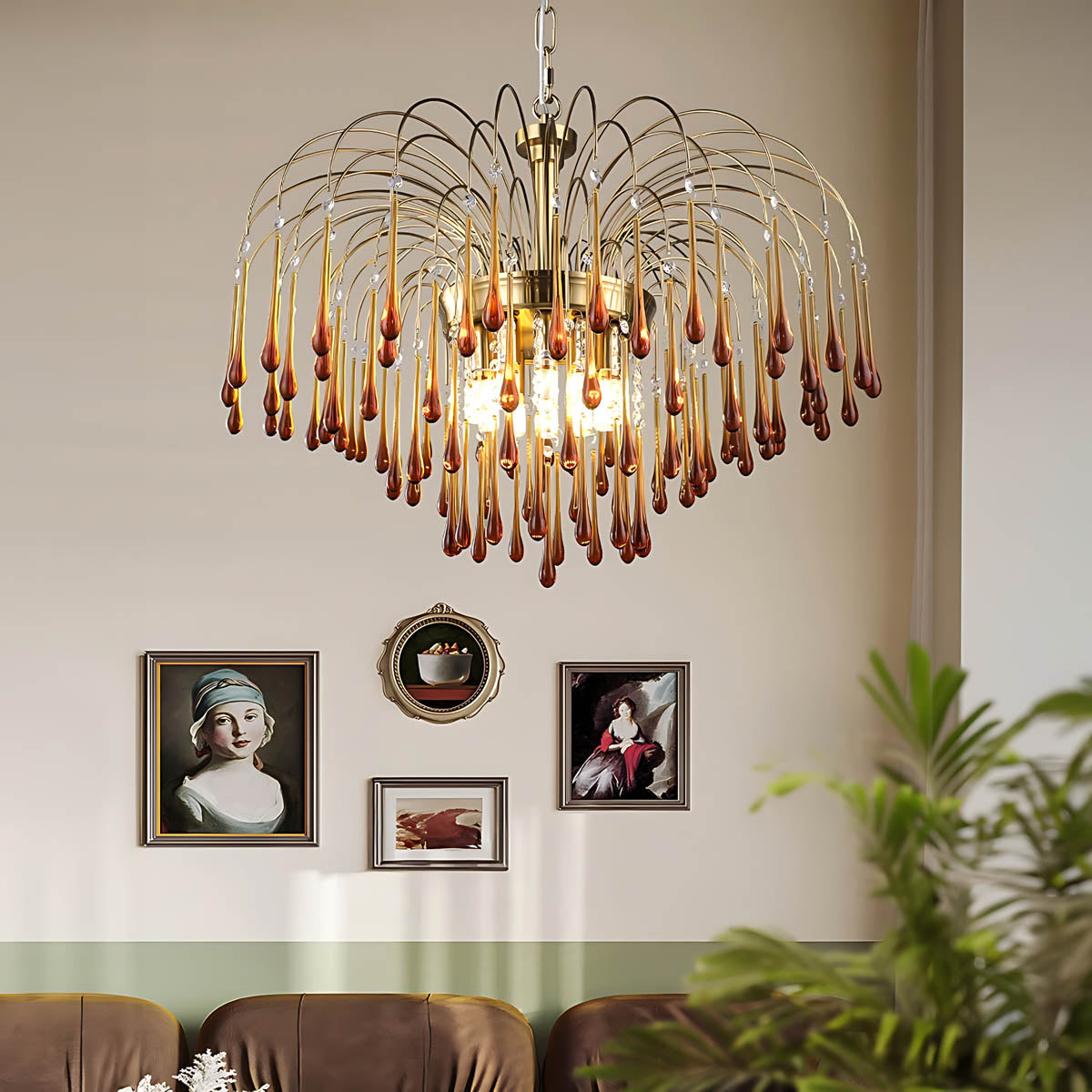 Crystal & Metal Semi-Flush Ruby Chandelier with Teardrop Prisms