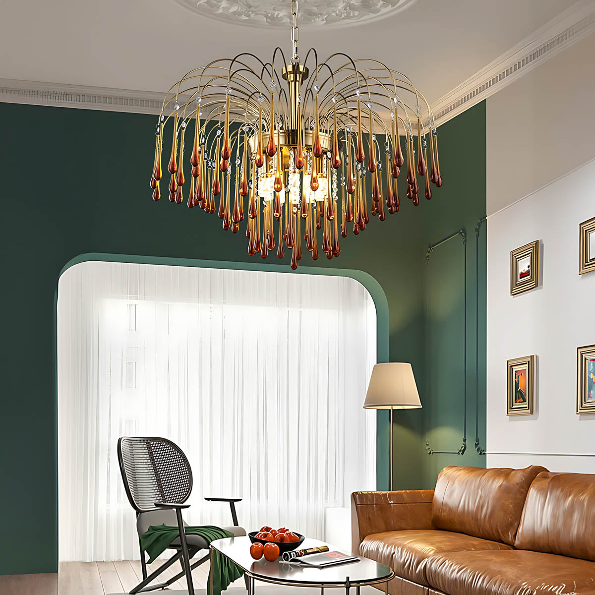 Crystal & Metal Semi-Flush Ruby Chandelier with Teardrop Prisms