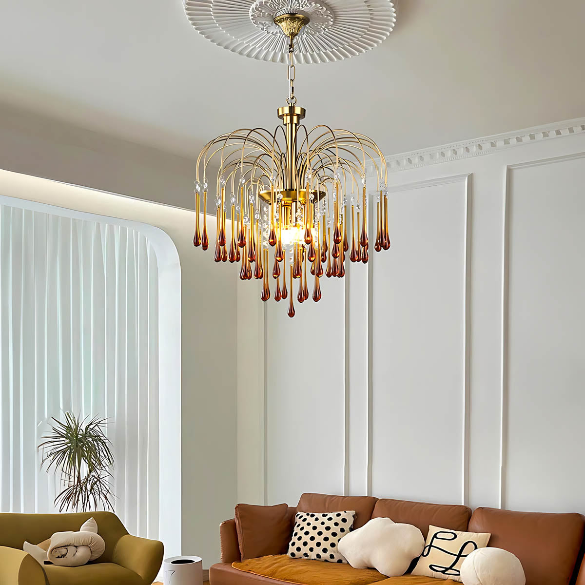 Crystal & Metal Semi-Flush Ruby Chandelier with Teardrop Prisms