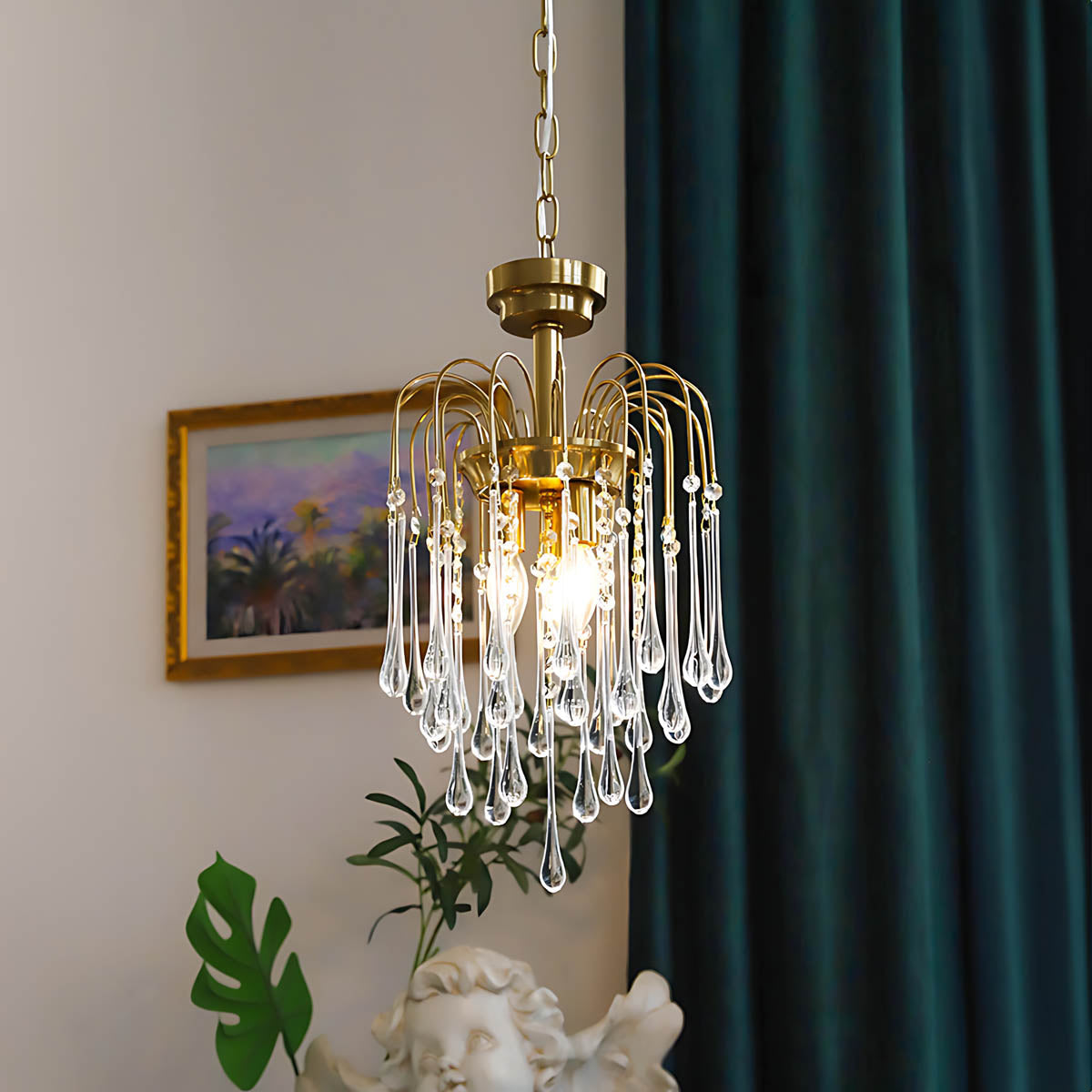 Crystal & Metal Semi-Flush Ruby Chandelier with Teardrop Prisms