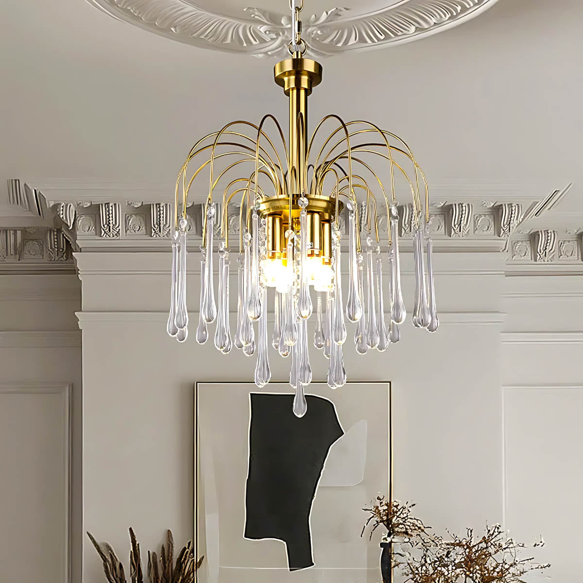 Crystal & Metal Semi-Flush Ruby Chandelier with Teardrop Prisms