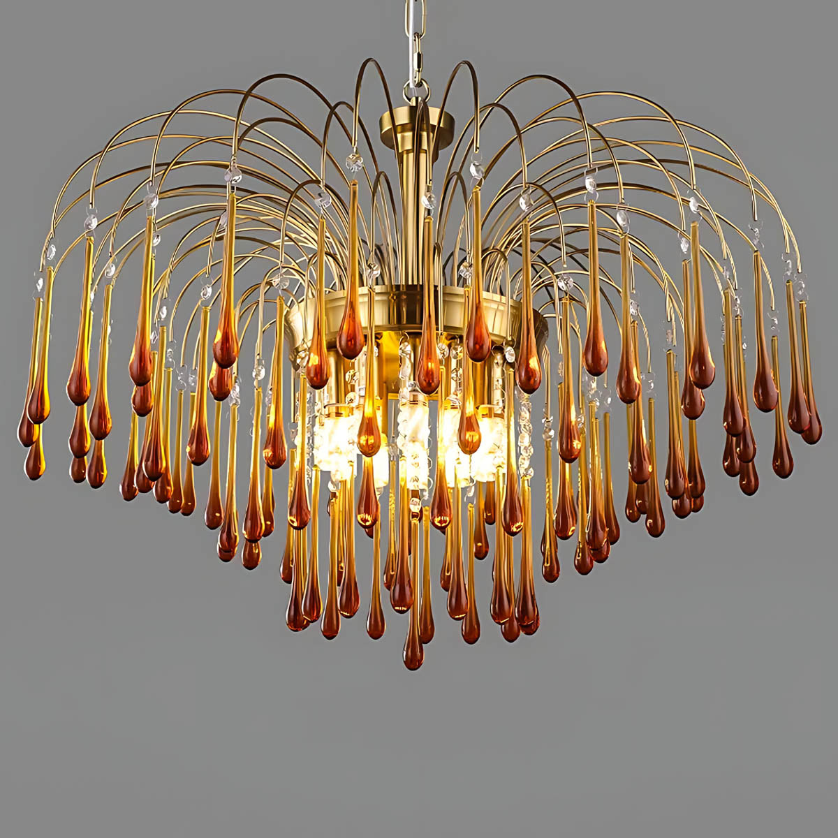 Crystal & Metal Semi-Flush Ruby Chandelier with Teardrop Prisms