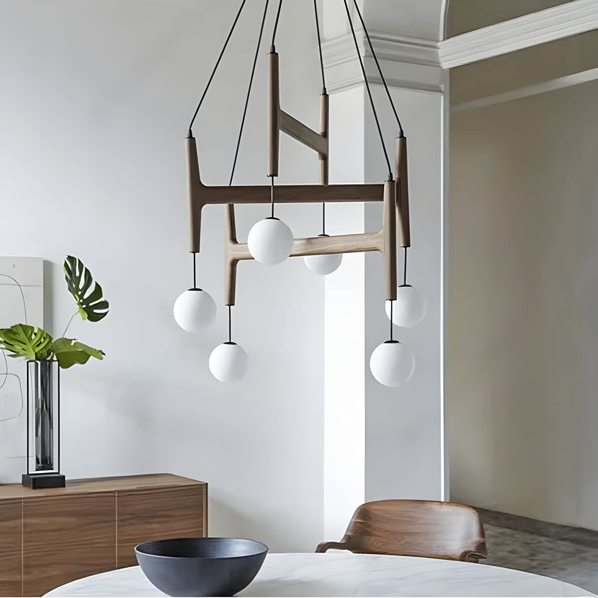 Wood & Glass Globe Pendant Light G9 2-6 Heads 40-60 cm