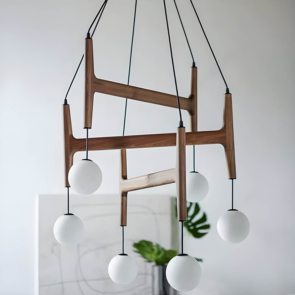 Wood & Glass Globe Pendant Light G9 2-6 Heads 40-60 cm