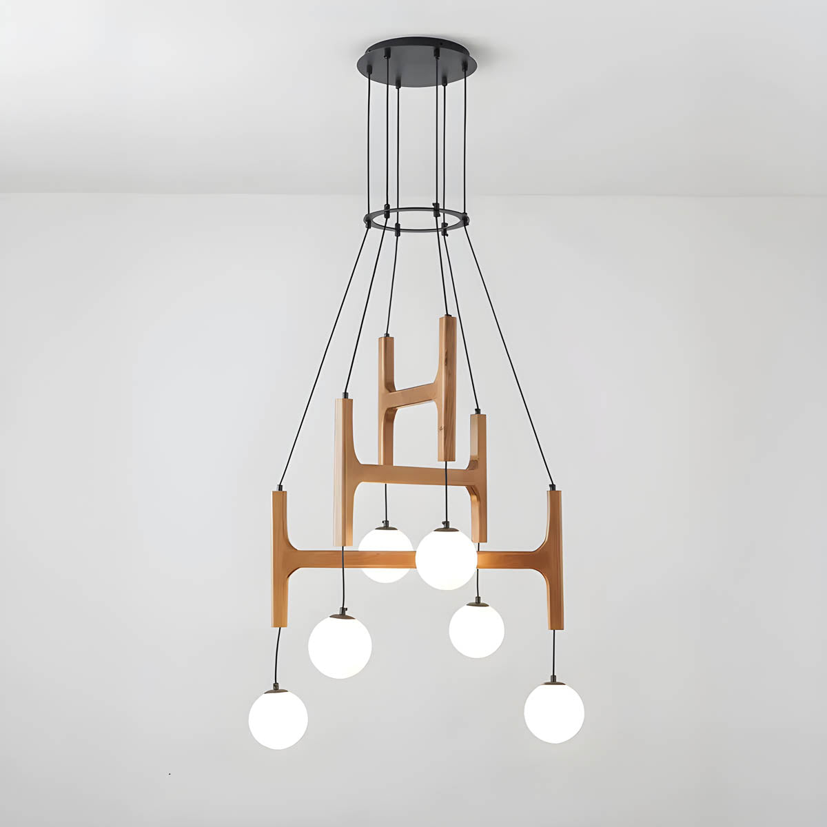 Wood & Glass Globe Pendant Light G9 2-6 Heads 40-60 cm