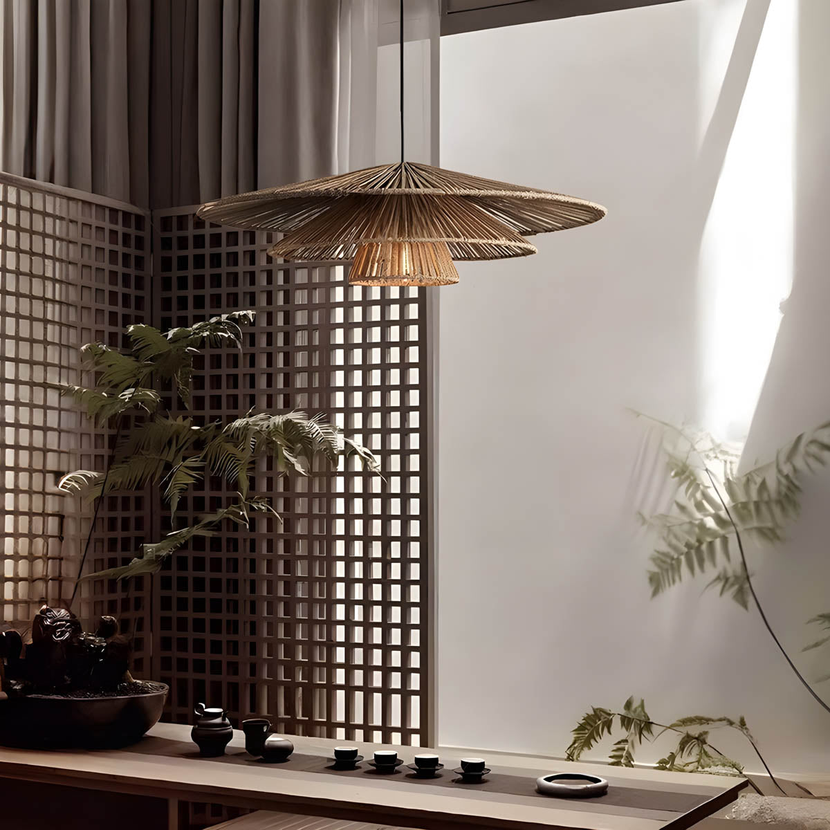Layered Rattan & Iron Pendant Light