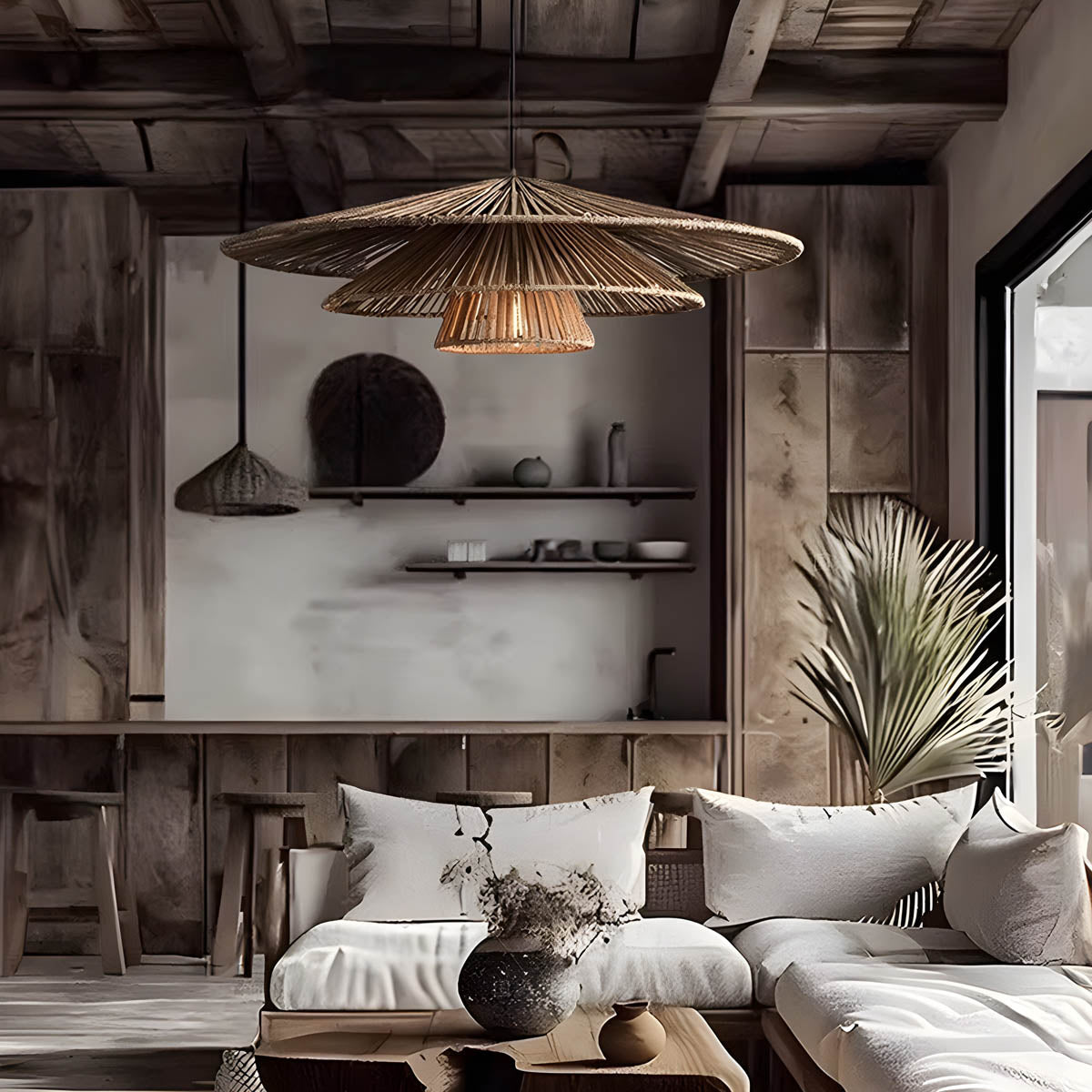 Layered Rattan & Iron Pendant Light