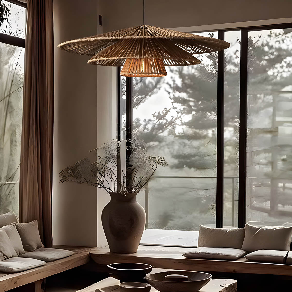 Layered Rattan & Iron Pendant Light