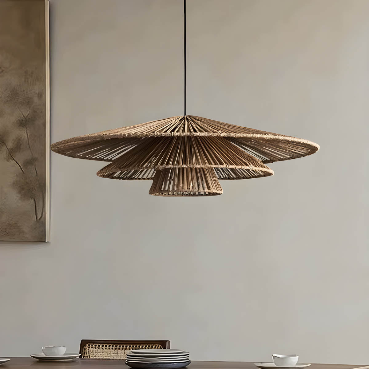 Layered Rattan & Iron Pendant Light