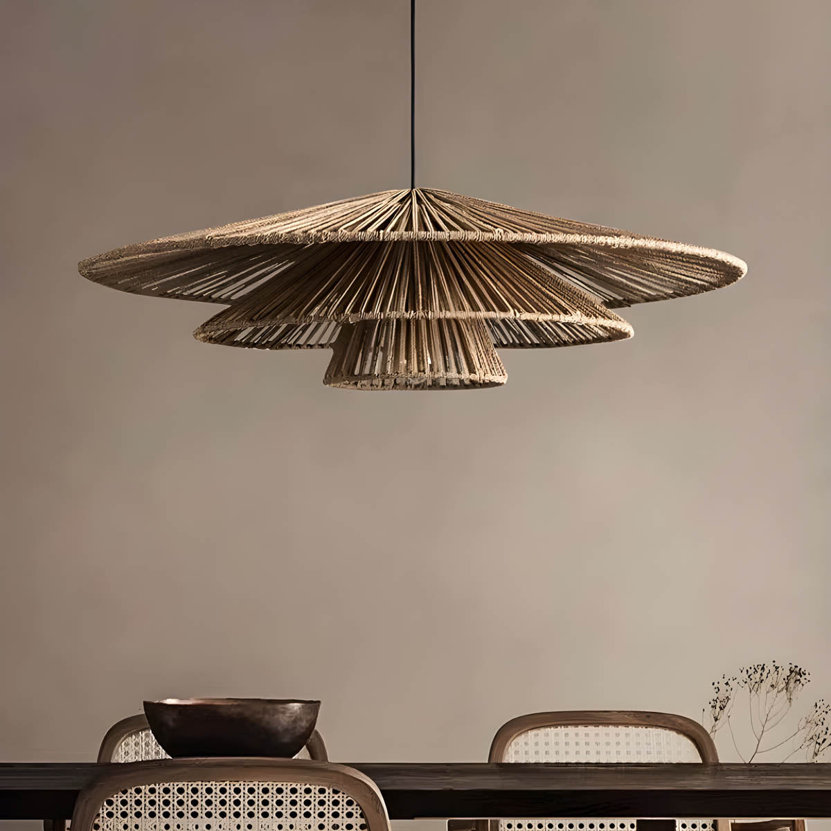 Layered Rattan & Iron Pendant Light