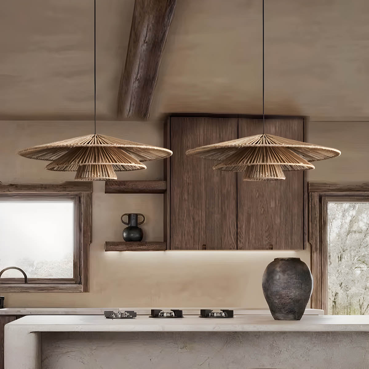 Layered Rattan & Iron Pendant Light