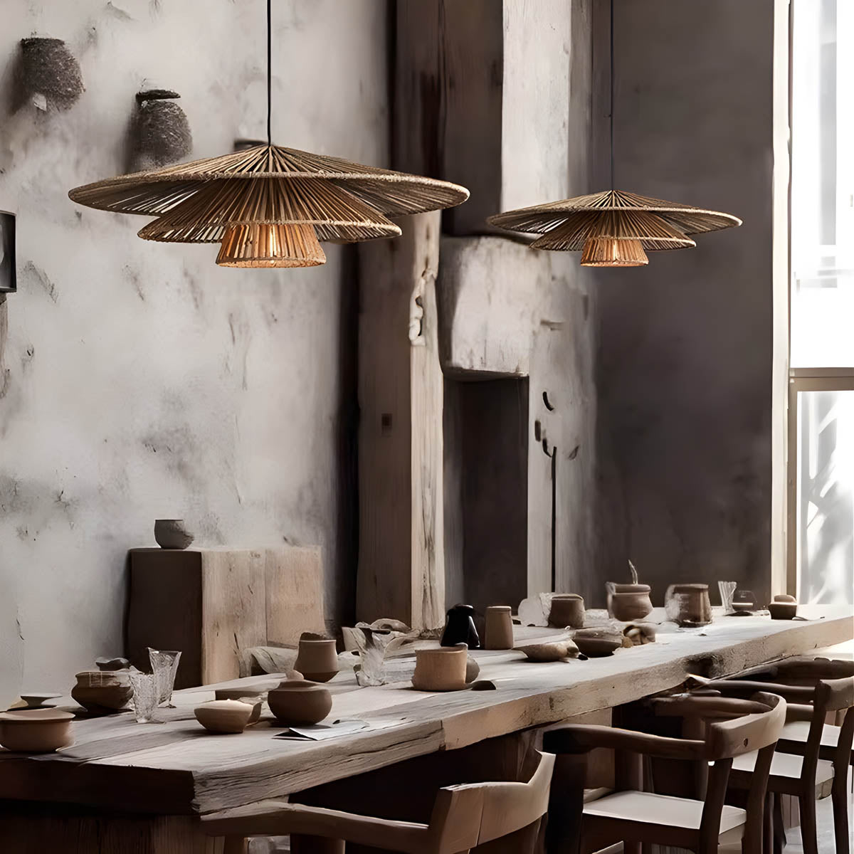 Layered Rattan & Iron Pendant Light