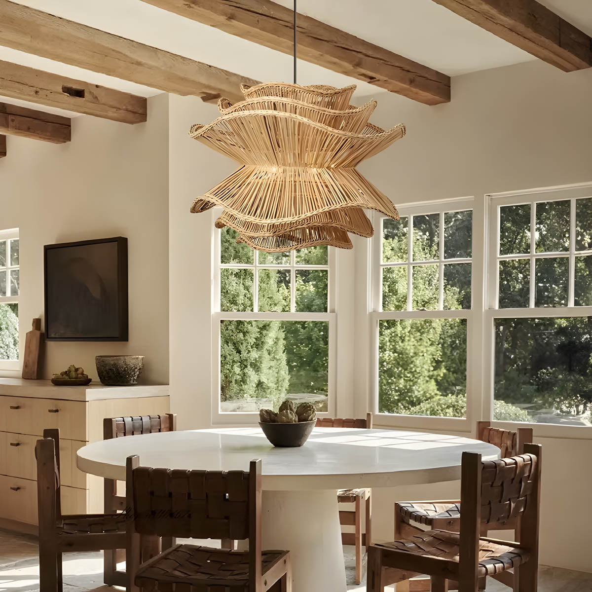 Pendant Light in Woven Rattan & Iron