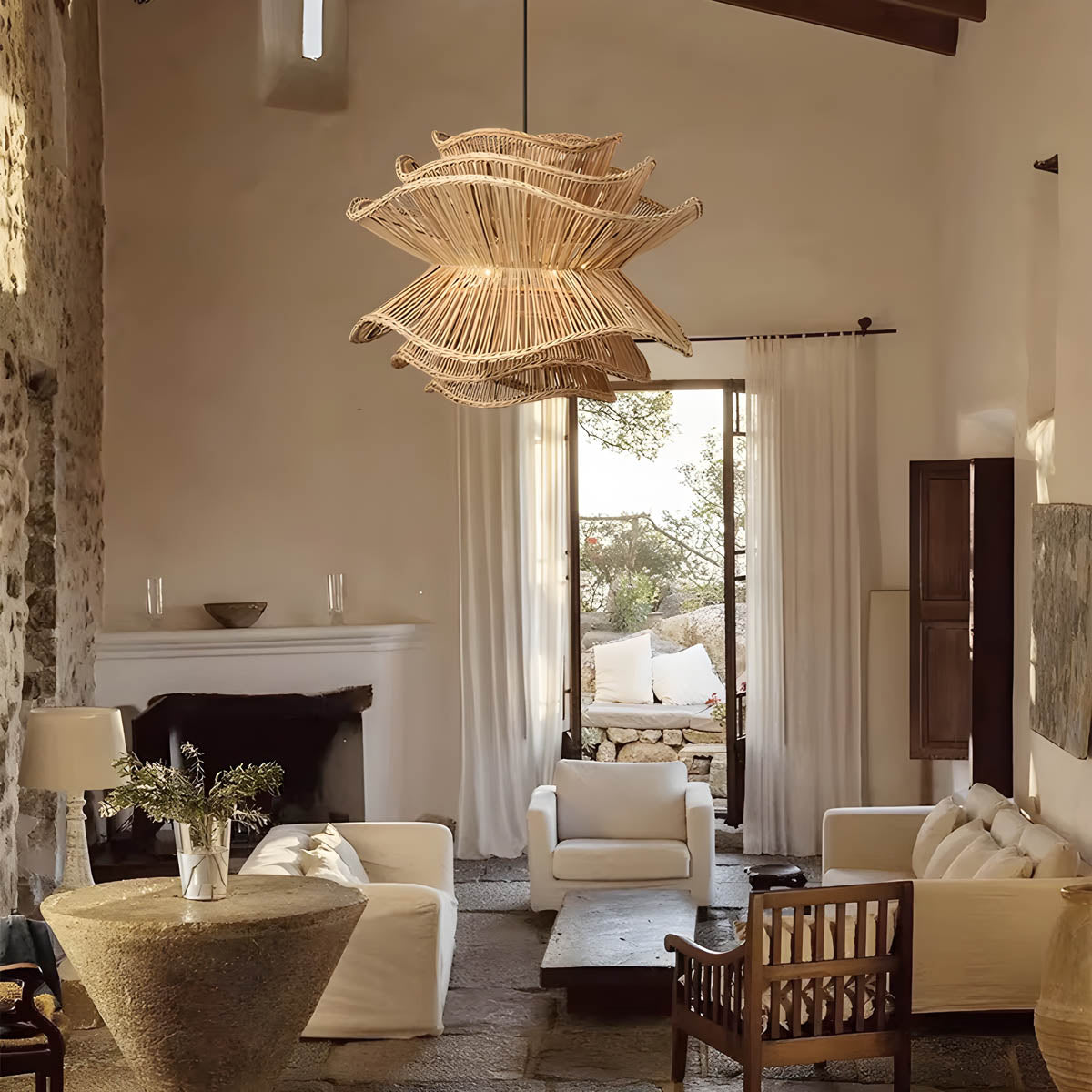 Pendant Light in Woven Rattan & Iron