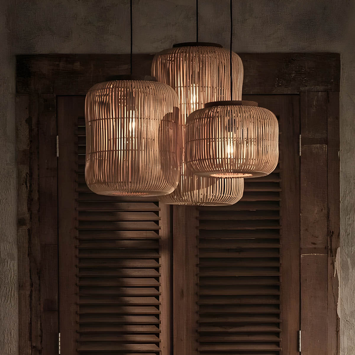 Handwoven bamboo lantern pendant, wood & natural