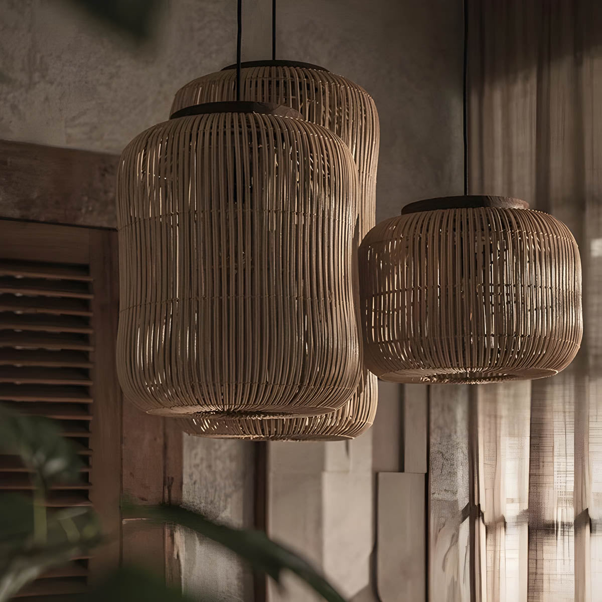 Handwoven bamboo lantern pendant, wood & natural