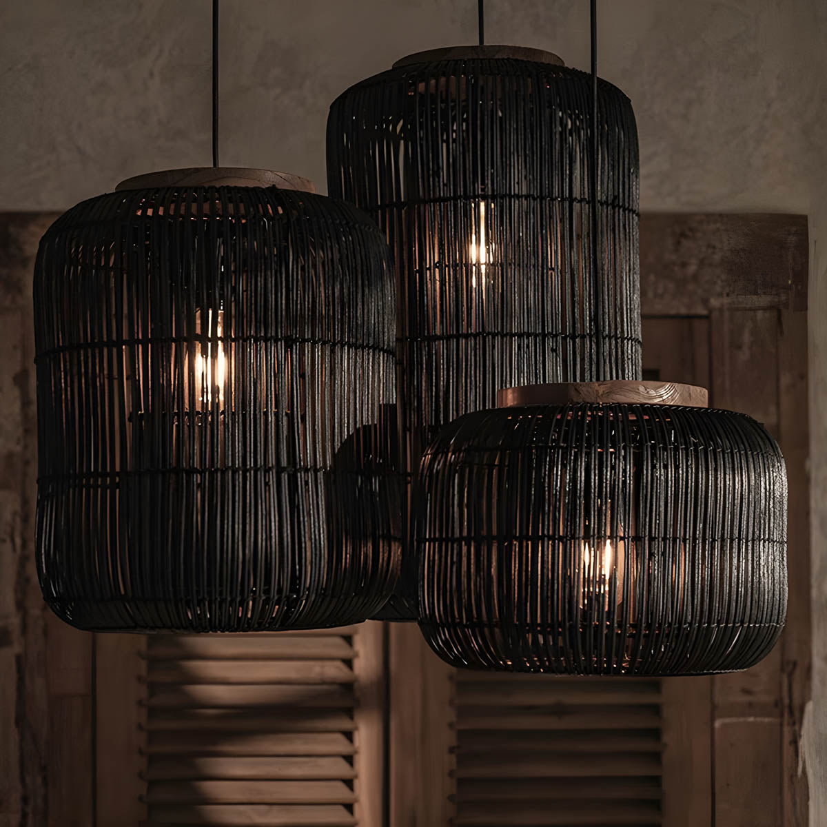 Handwoven bamboo lantern pendant, wood & natural