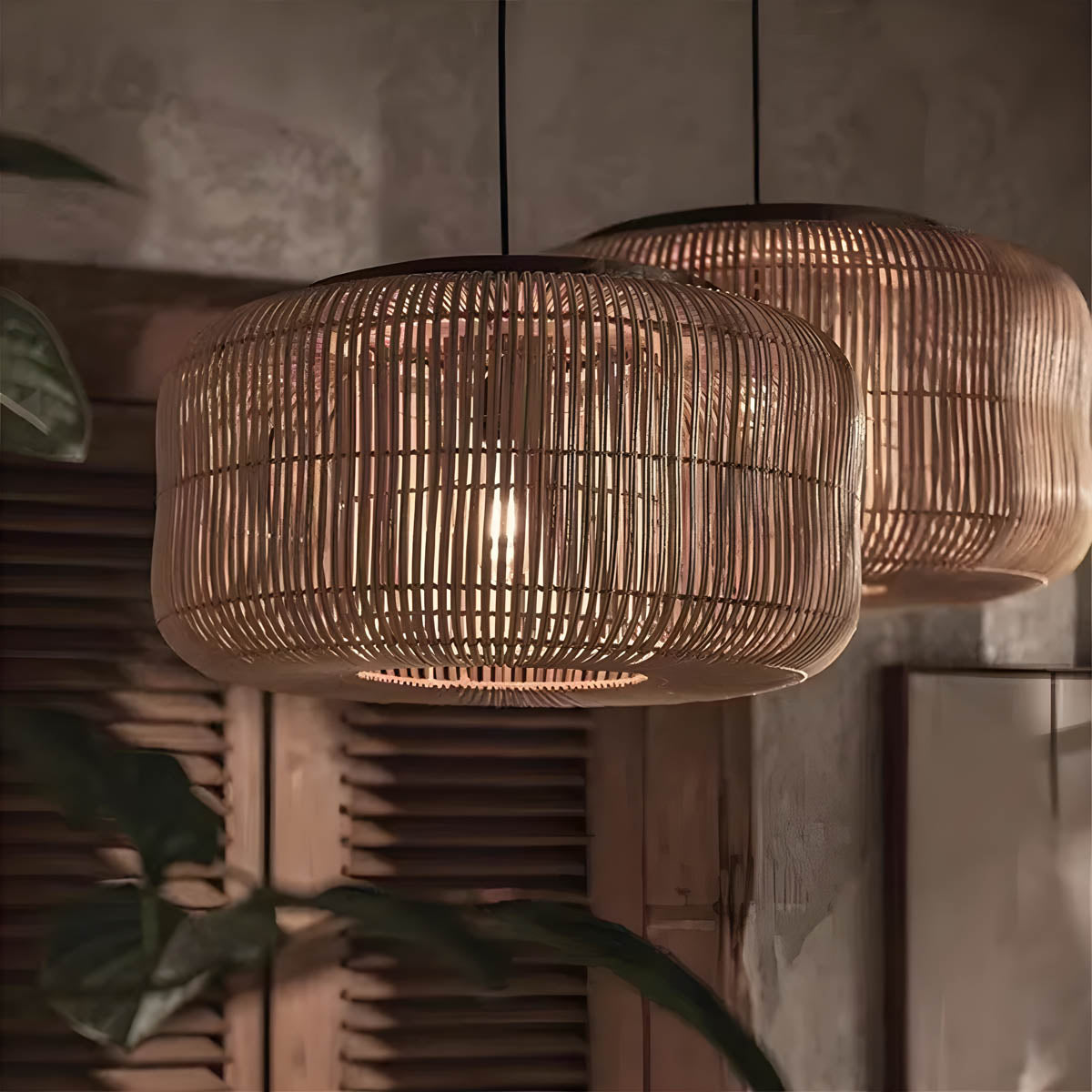 Handwoven bamboo lantern pendant, wood & natural