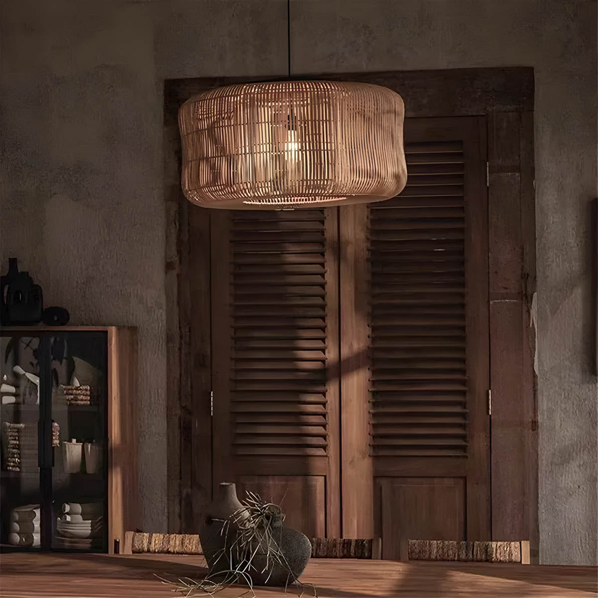 Handwoven bamboo lantern pendant, wood & natural