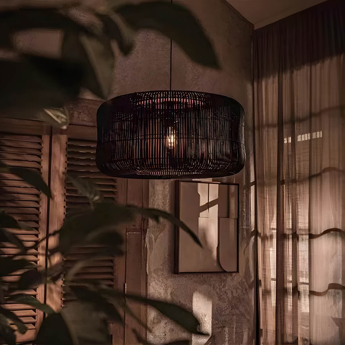 Handwoven bamboo lantern pendant, wood & natural