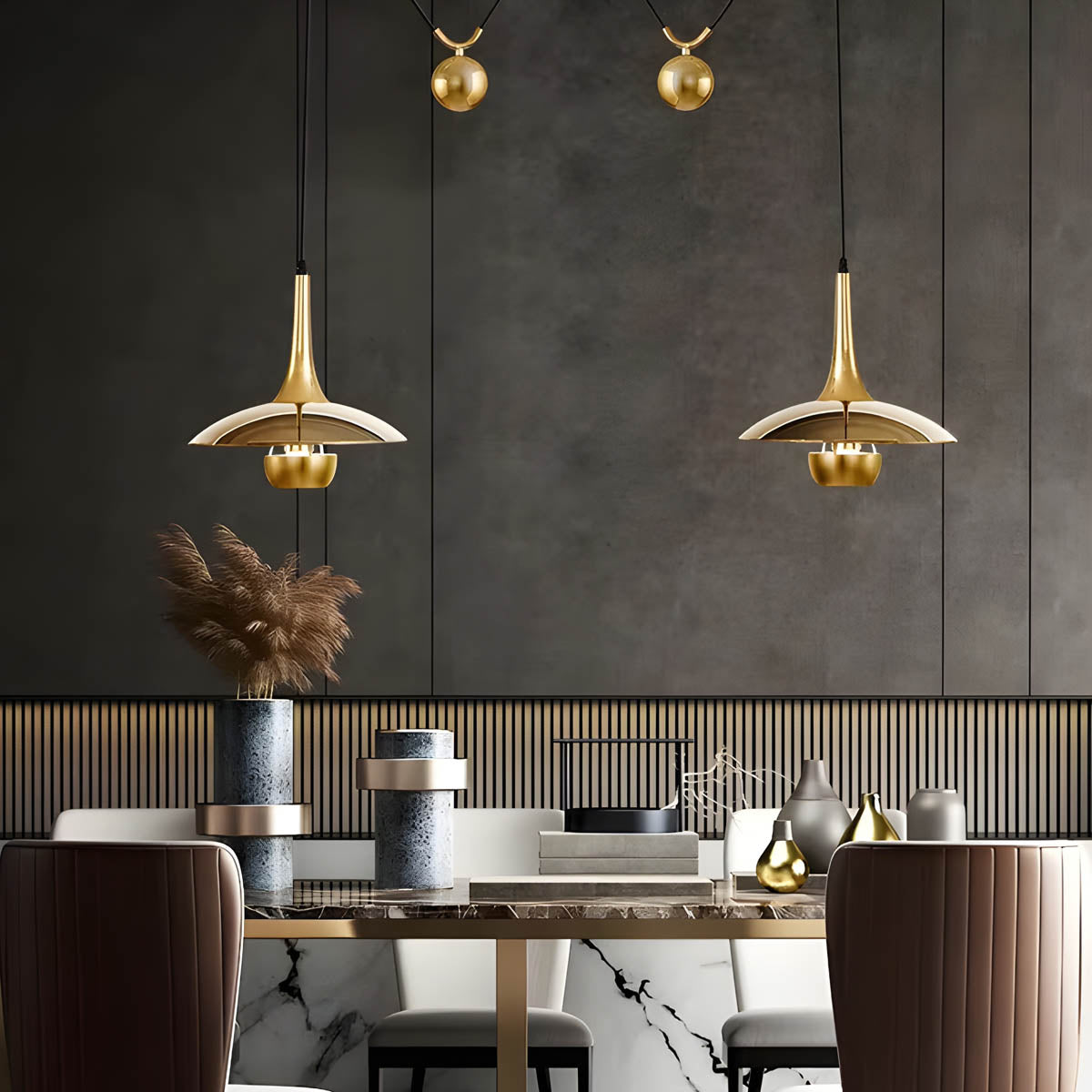 Metal cymbal-inspired pendant light E27, 1 or 2 heads, 30/50 cm