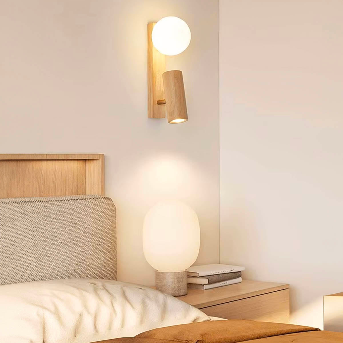 Wall Light with Wood Base & Twin LED Heads