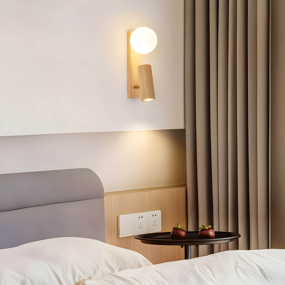 Wall Light with Wood Base & Twin LED Heads