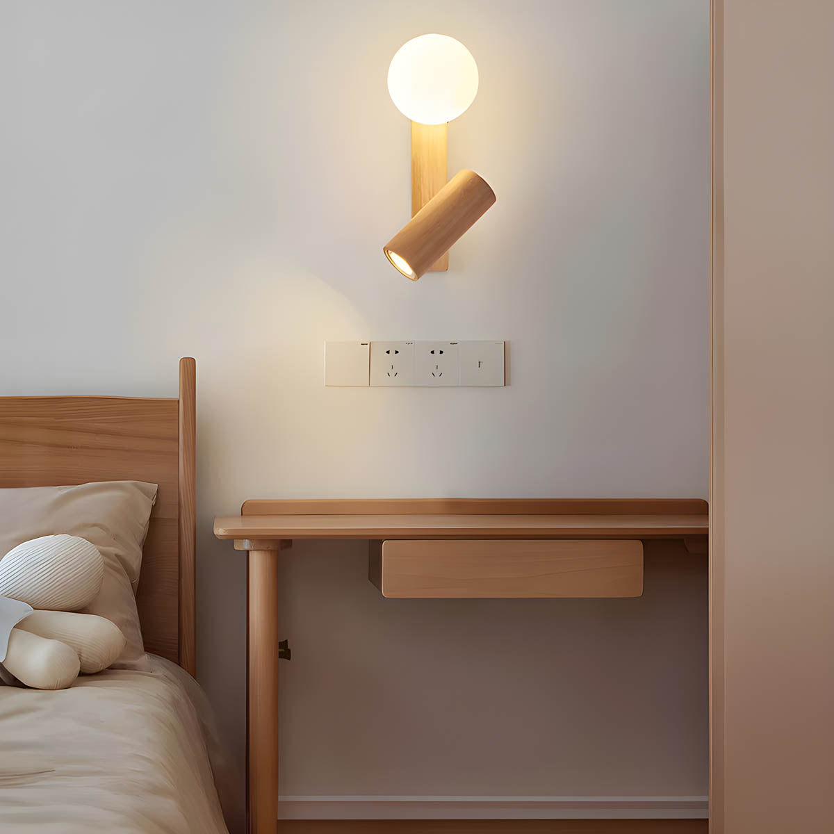 Wall Light with Wood Base & Twin LED Heads