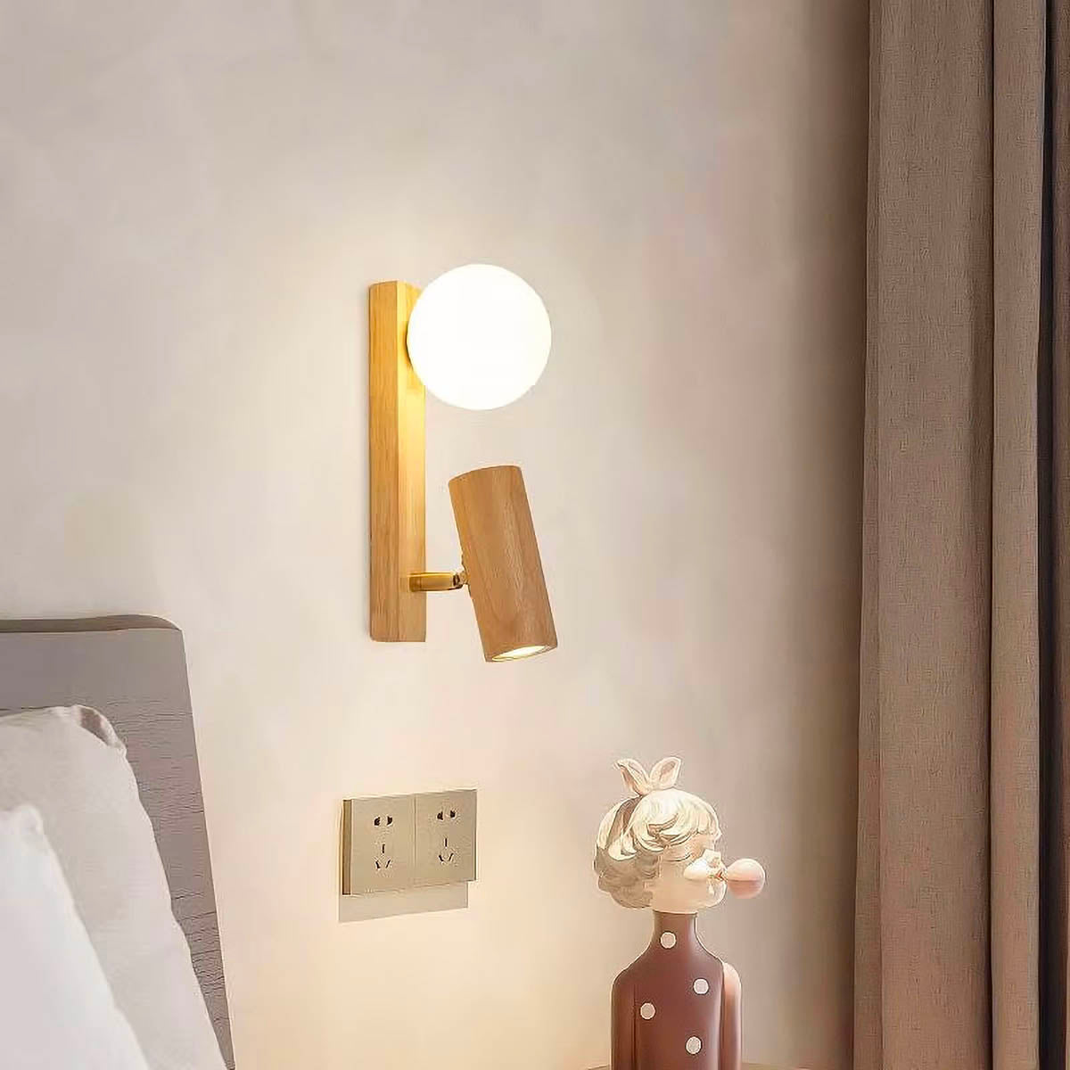 Wall Light with Wood Base & Twin LED Heads