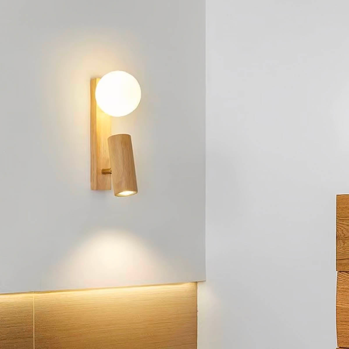 Wall Light with Wood Base & Twin LED Heads