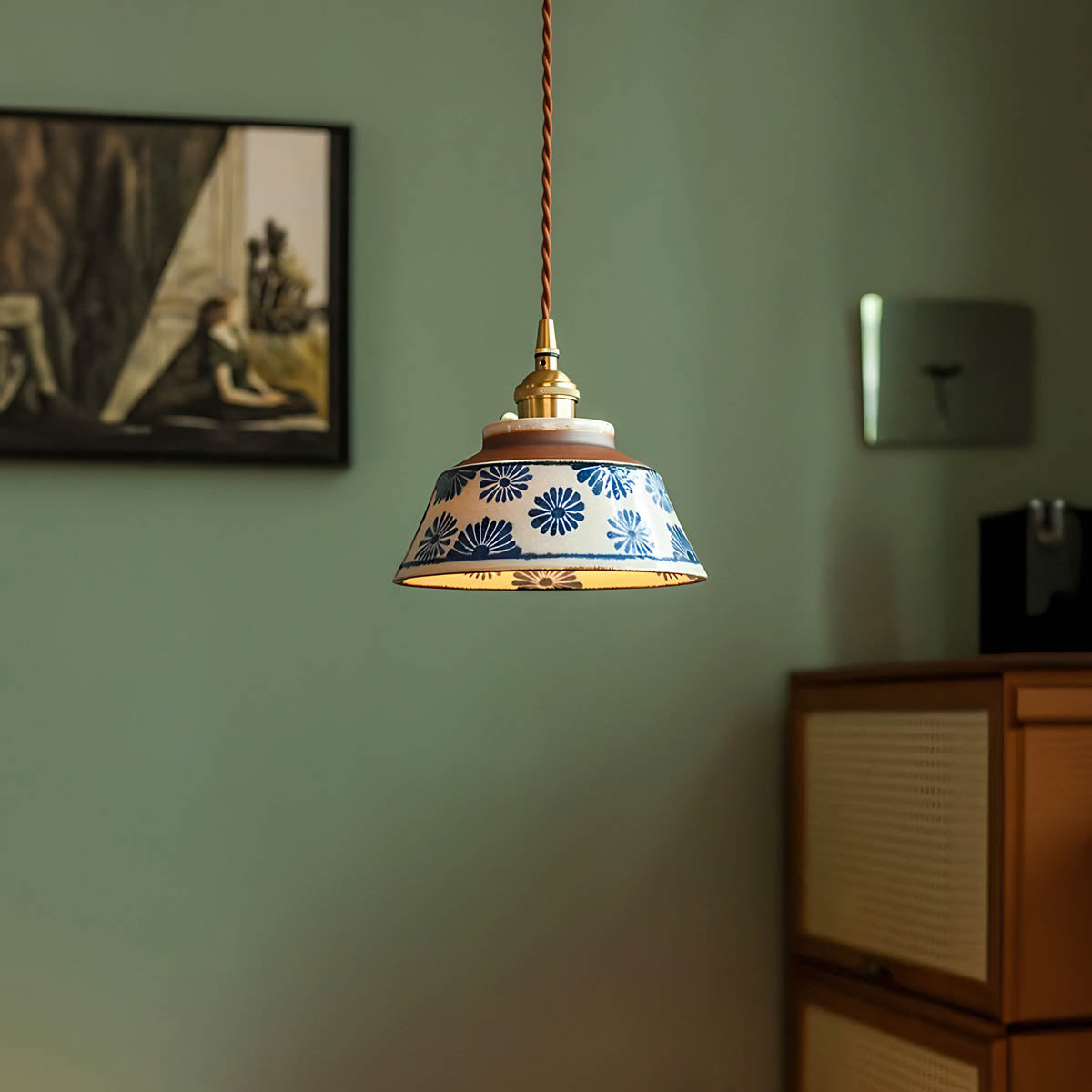 Hand-crafted ceramic & copper pendant light, artisan patterns