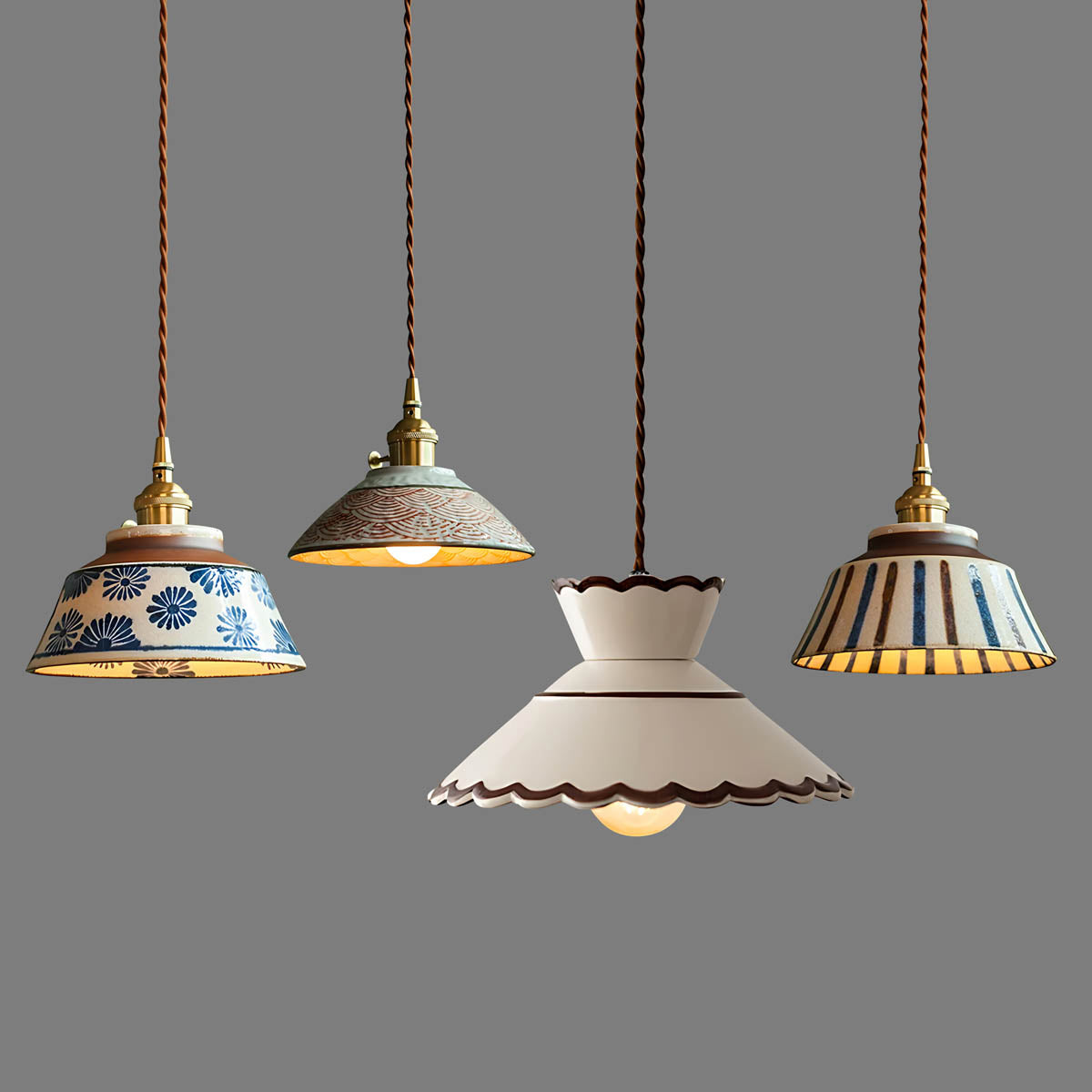 Hand-crafted ceramic & copper pendant light, artisan patterns