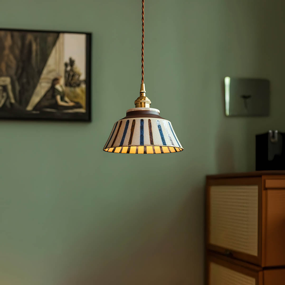 Hand-crafted ceramic & copper pendant light, artisan patterns