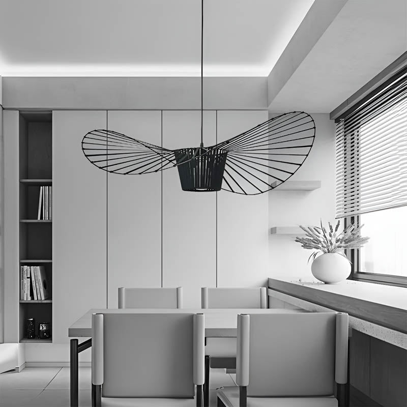 Pendant light with elastic-string ring canopy, iron frame