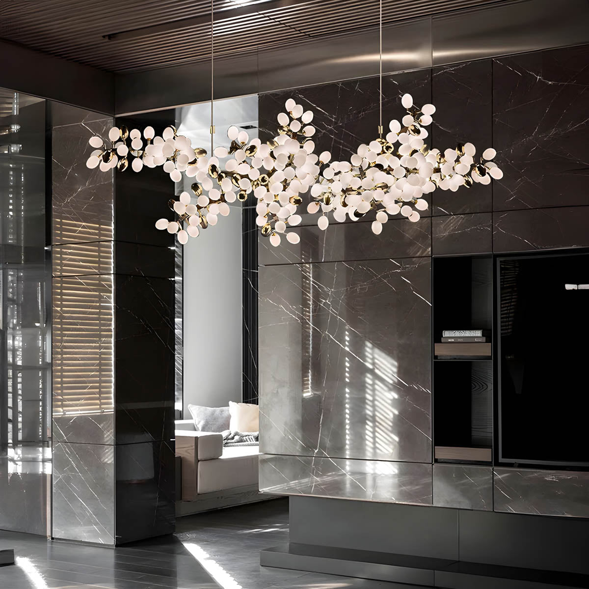 Large floral-form chandelier, polished chrome & aluminium