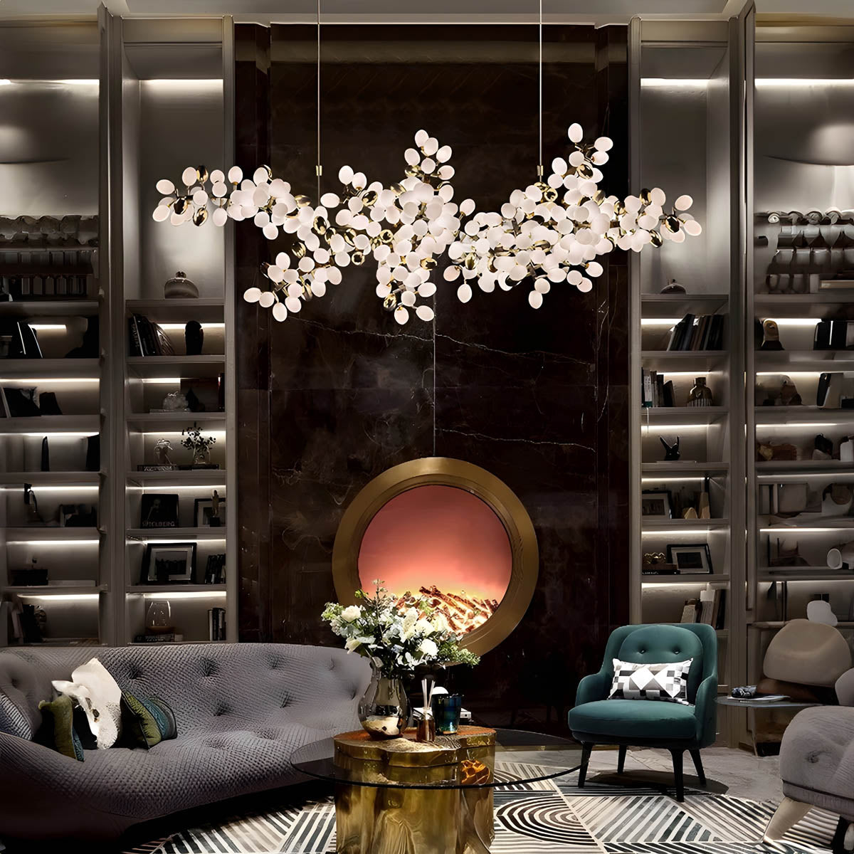 Large floral-form chandelier, polished chrome & aluminium