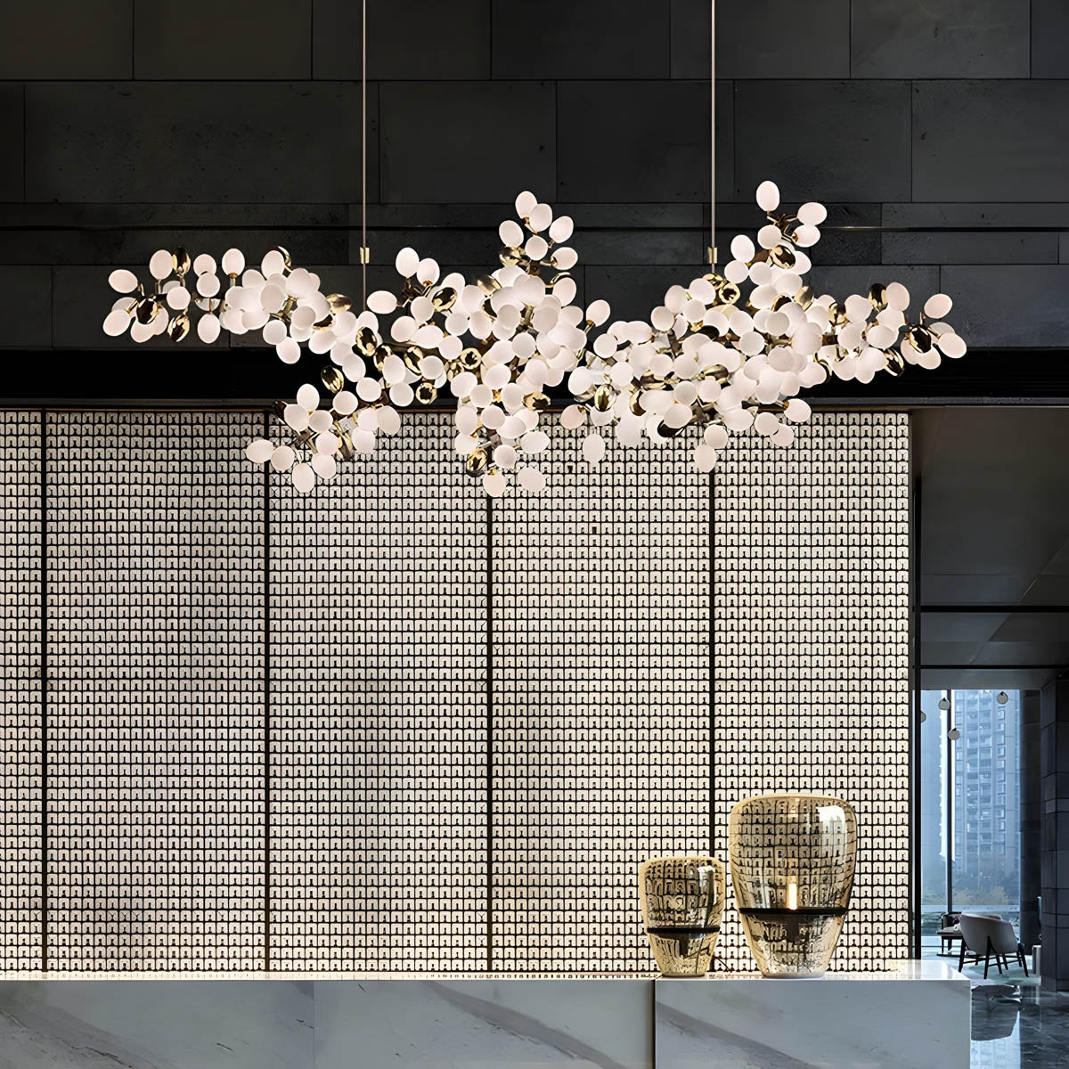 Large floral-form chandelier, polished chrome & aluminium