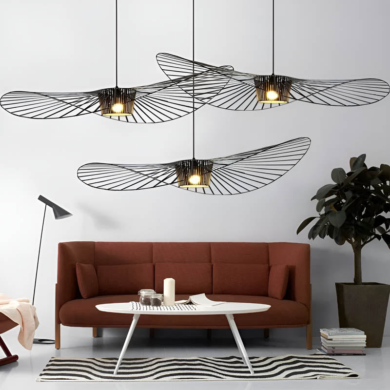 Pendant light with elastic-string ring canopy, iron frame
